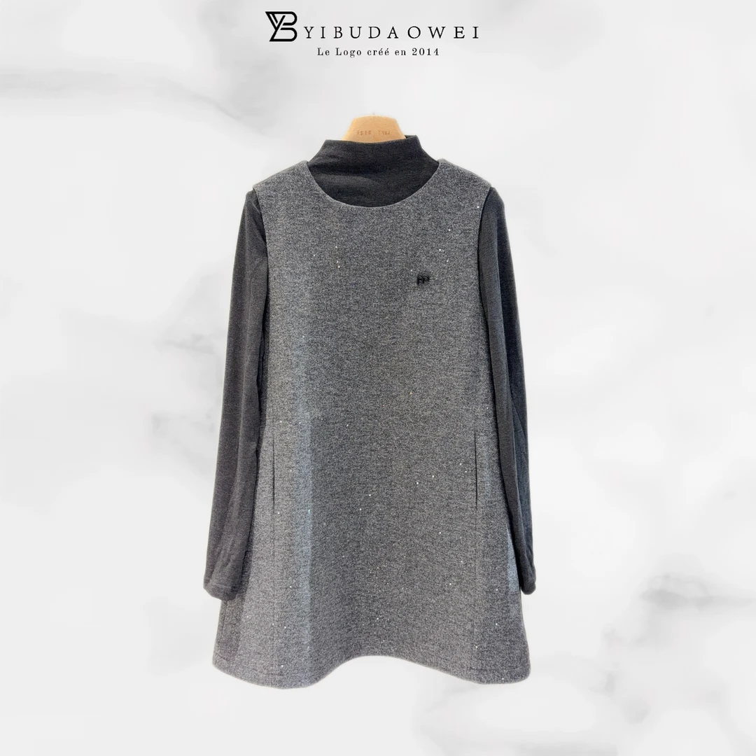 【YIBUDAOWEI】半高领长袖打底衫+圆领毛呢背心连衣裙两件套 50356