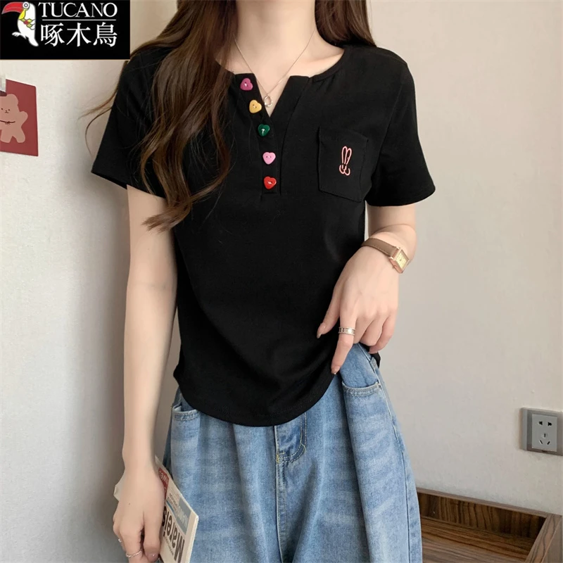 啄木鸟正品夏季短袖V领口袋刺绣T恤2025年新款百搭修身显瘦上衣女