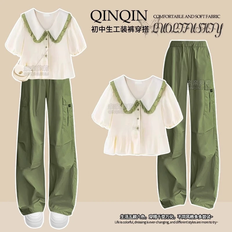 女童夏季工装裤套装2025新款衬衫短袖T恤初中生阔腿裤户外两件套