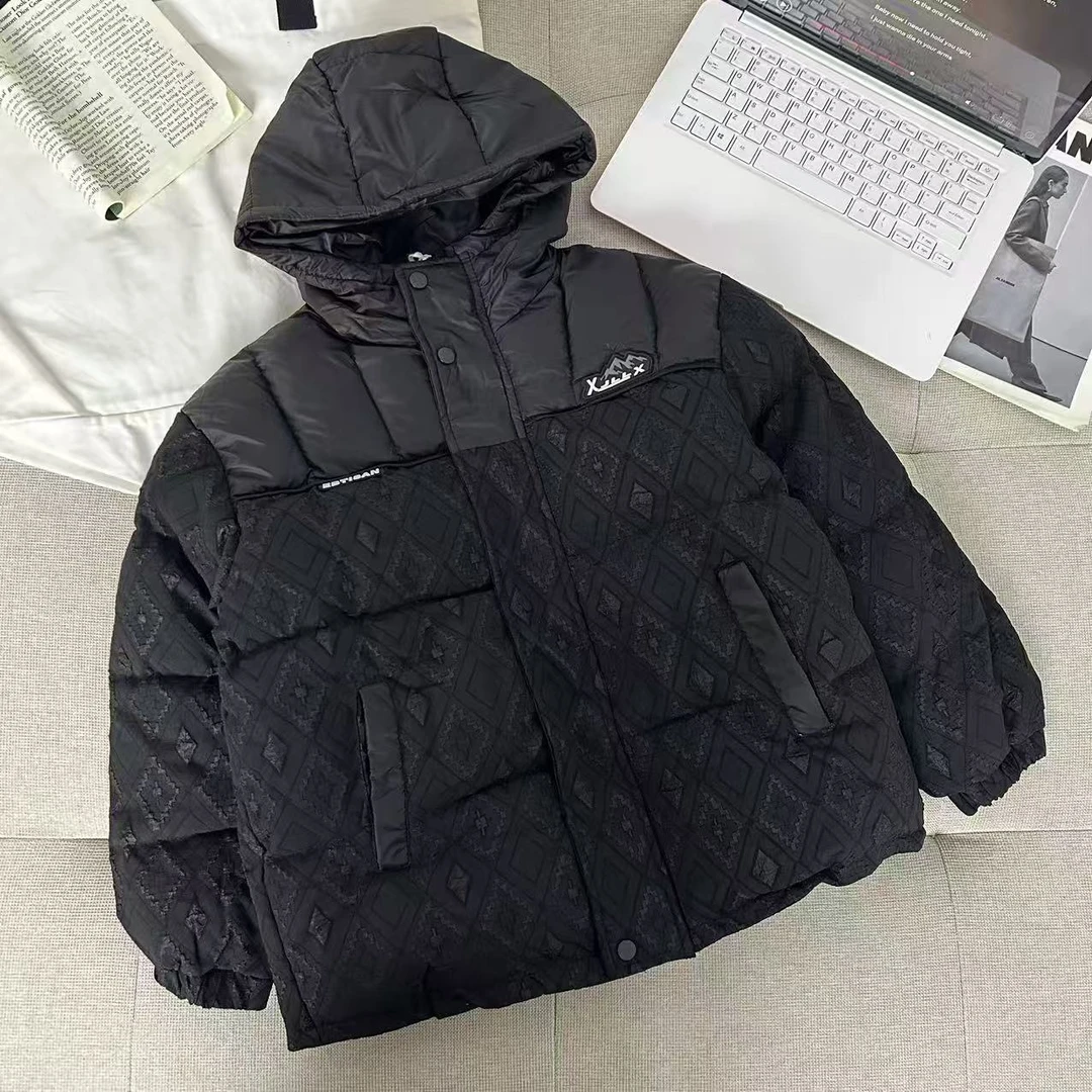 男童黑色潮牌连帽加厚棉服2025新款中大儿童冬装炸街防寒外套