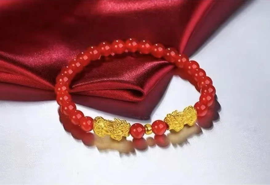 足 金999 天然玛瑙玉髓搭配 金珠子 貔貅
