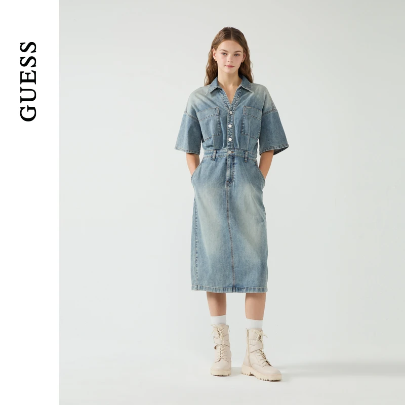 GUESS25年新款春季女士收腰翻领水洗牛仔短袖连衣裙-Q5PK20D51V0