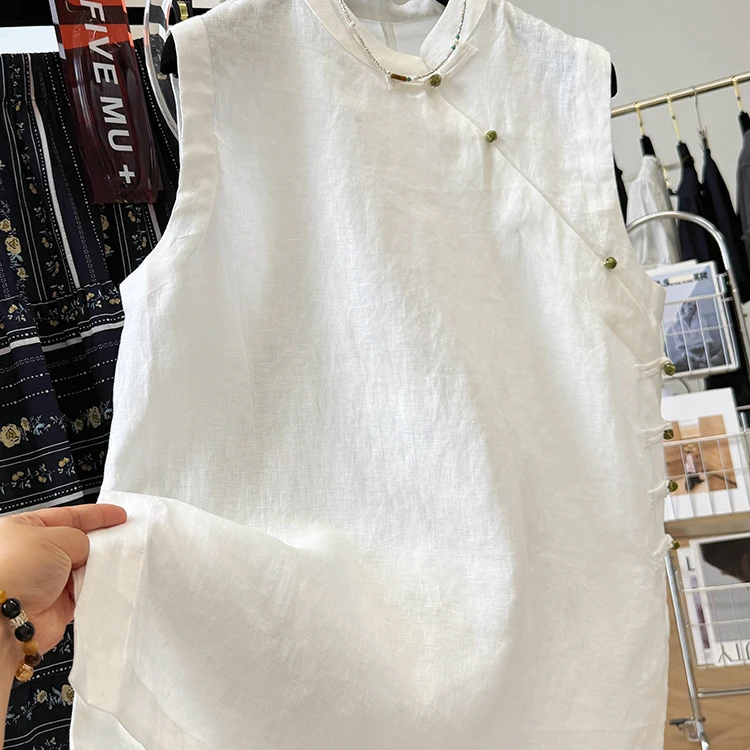 新中式轻国风开叉无袖小衫女夏季亚麻中长款气质上衣外穿马甲背心