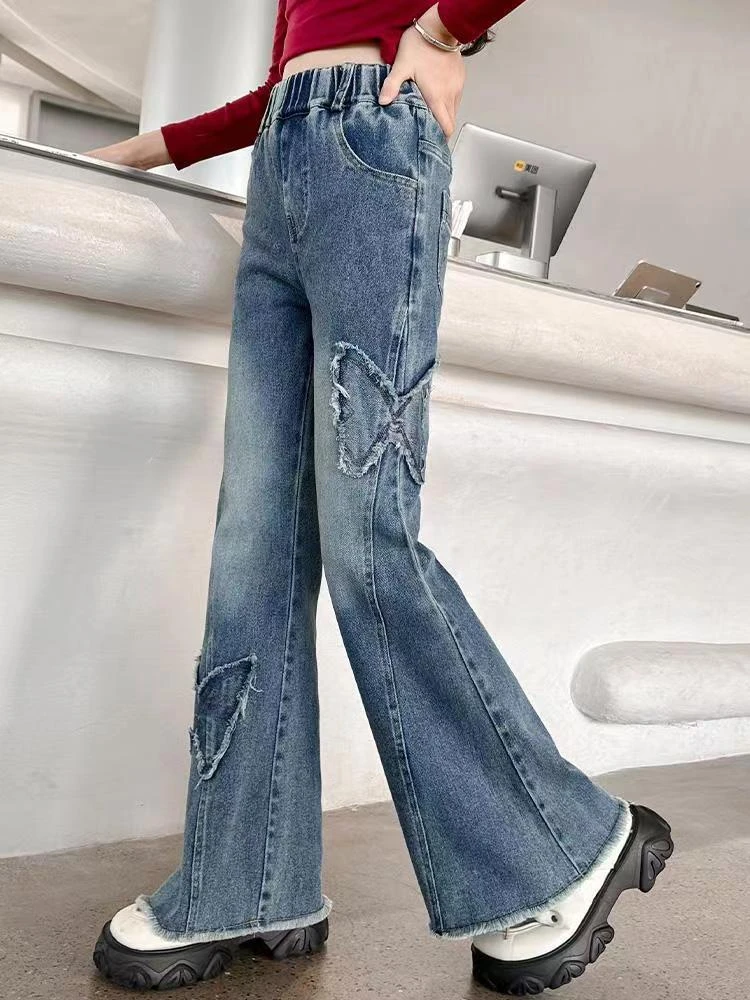 女童喇叭裤春秋款2024新款儿童牛仔裤网红洋气中大童修身裤子外穿