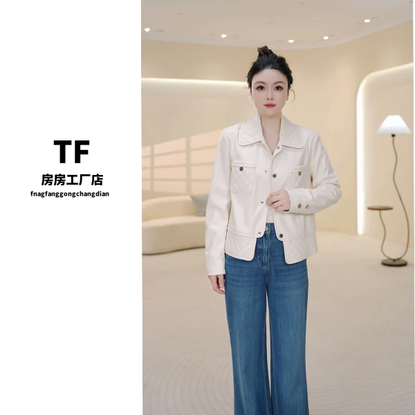 房房-2305 短款拼接秋季常规纽扣女短外套百搭小香风皮衣翻领外套