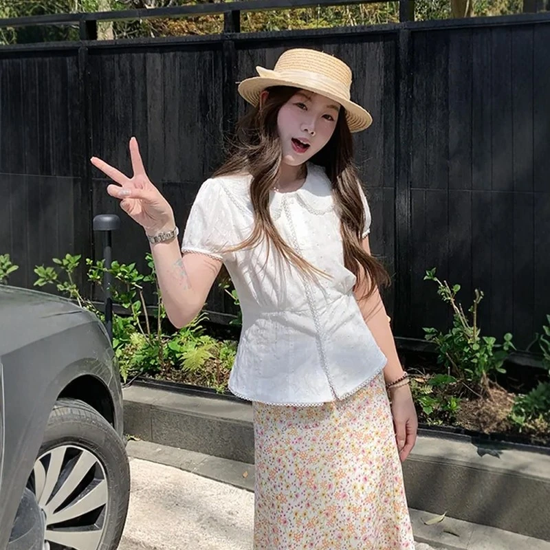 韩系娃娃领白色短袖衬衫女夏季纯欲风收腰显瘦短款泡泡袖衬衣上衣