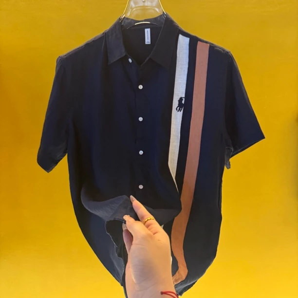 【米姐Umi】X新款亚麻纤维男女同款潮流拼接休闲时尚PoLo短袖P039