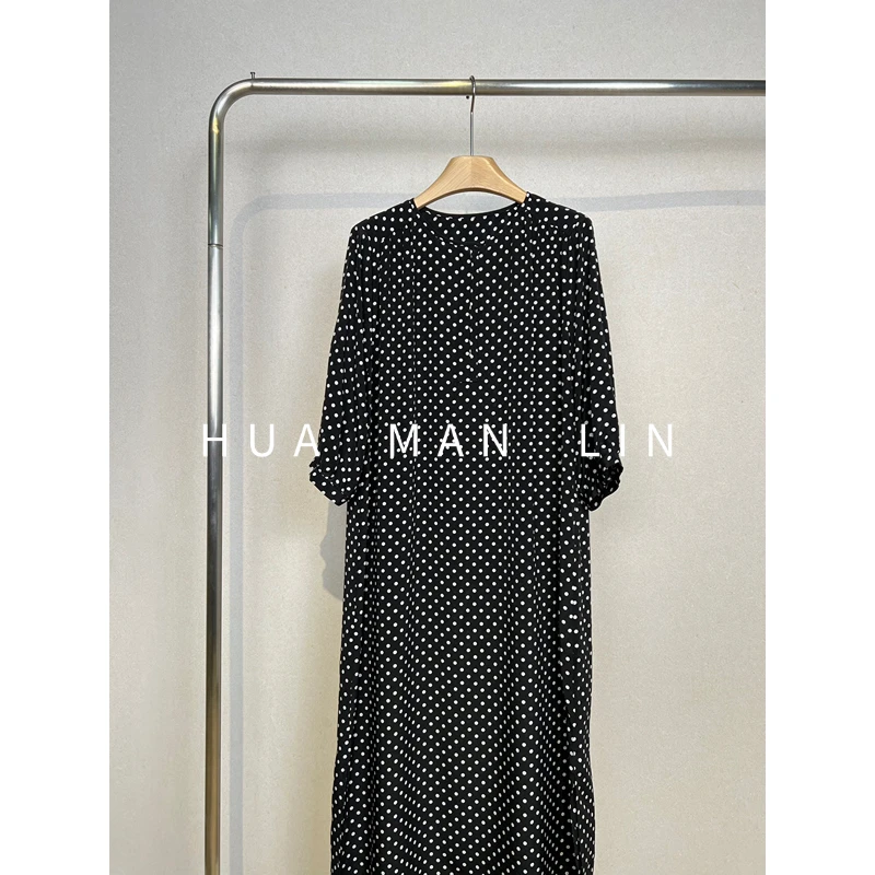 【花滿林】圆领波点印花26MM双绉真丝桑蚕丝连衣裙259255【有腰带】