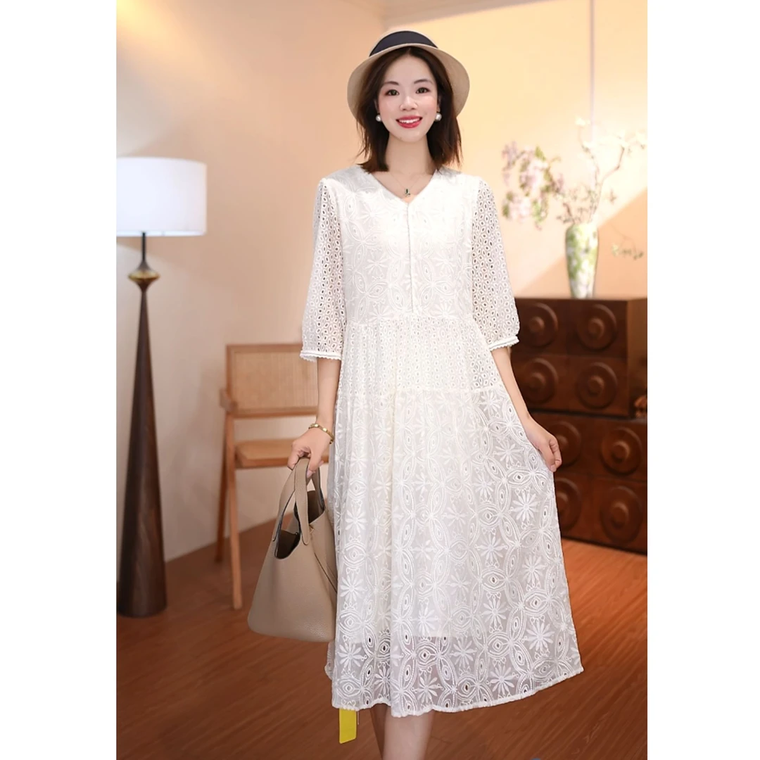 【麦子专属】静奢时光~桑蚕丝重工刺绣设计感镂空真丝连衣裙DS3619