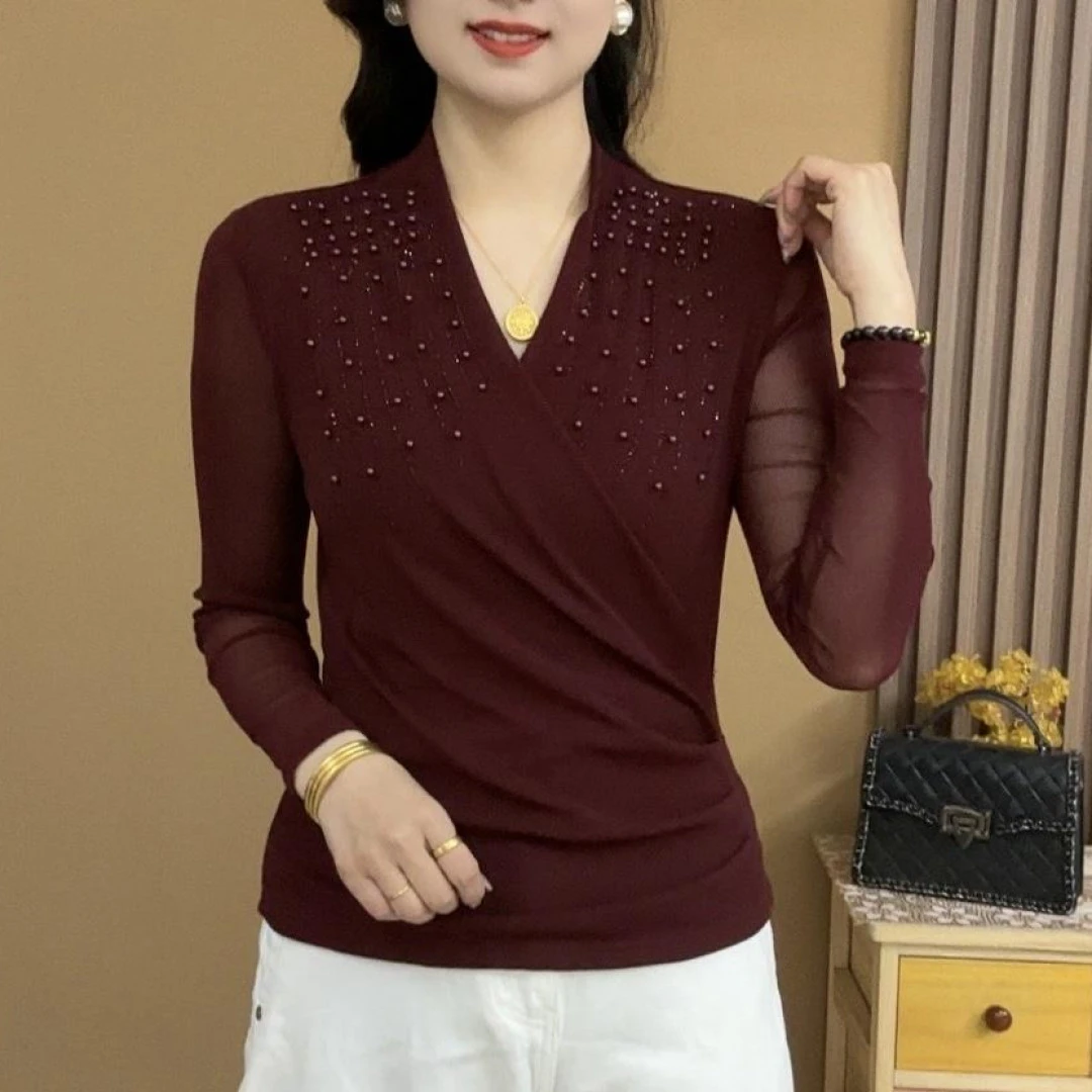 2025春季新款长袖网纱时尚气质显瘦交叉领钉珠纯色上衣小衫2527