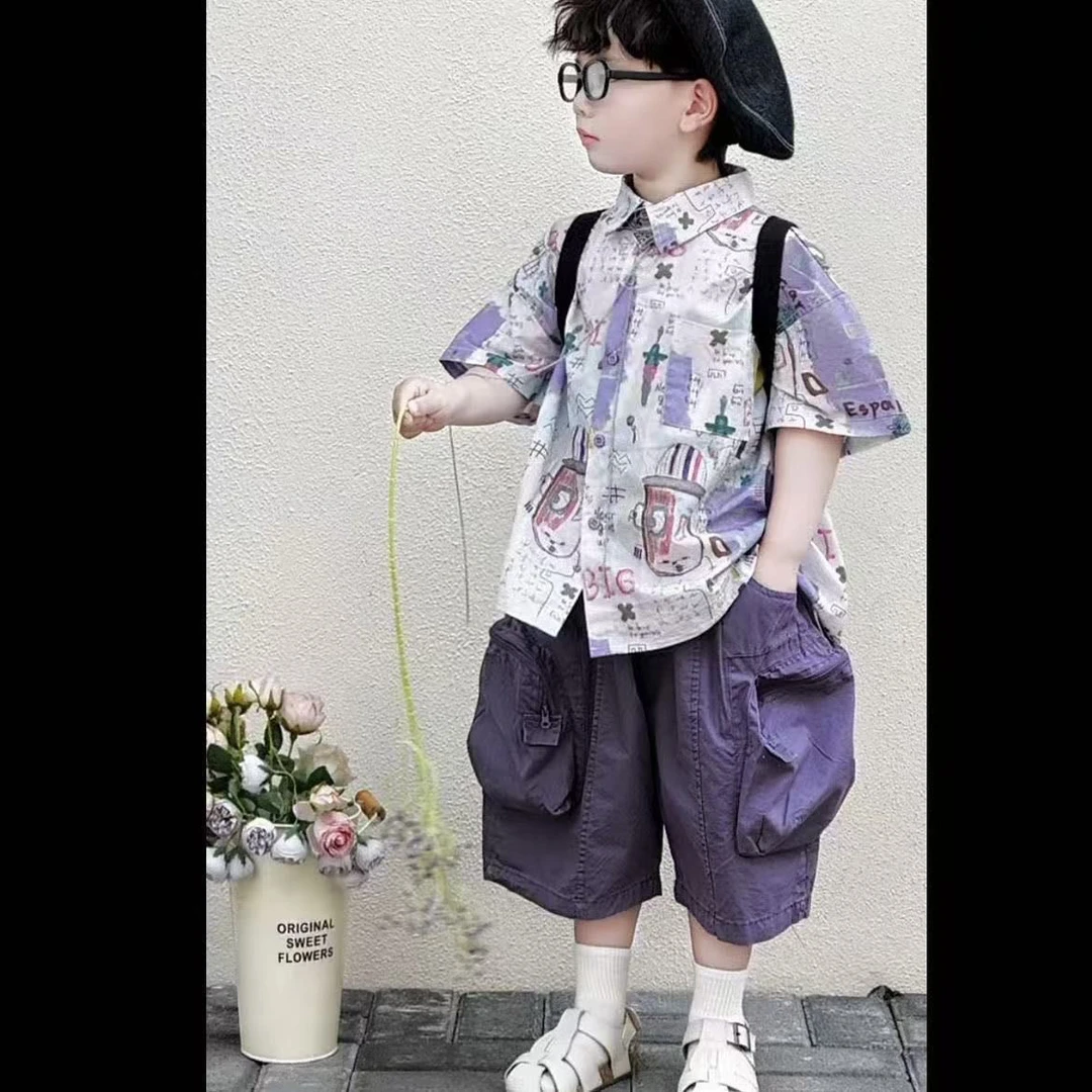 男童套装童装2025夏季新款儿童洋气衬衫宝宝工装短裤两件套爆款