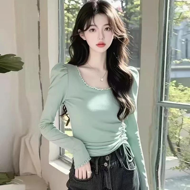 纯欲风绿色内搭打底衫女春秋新款设计感褶皱抽绳气质短款方领上衣