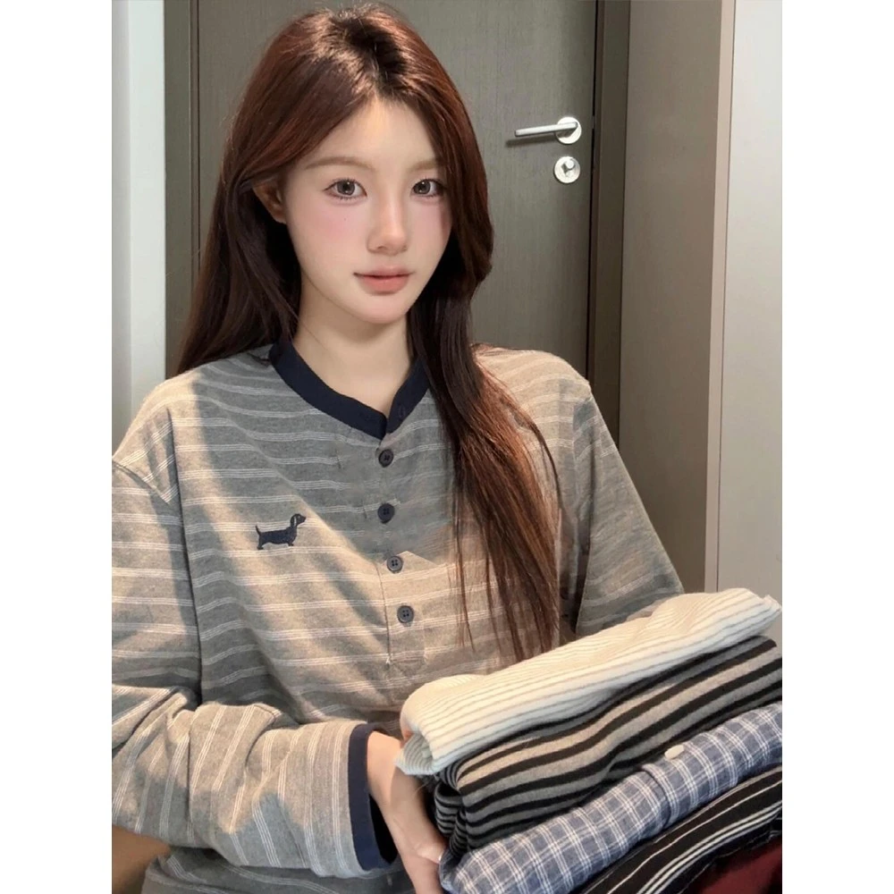 美式亨利领条纹长袖t恤女秋季慵懒风宽松内搭韩系chic别致小上衣