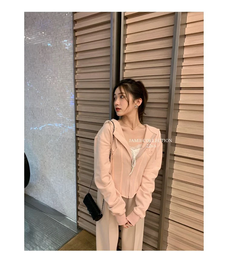 卫衣天花板~纯欲小鱼骨收腰轻薄短卫衣两色连帽外套女