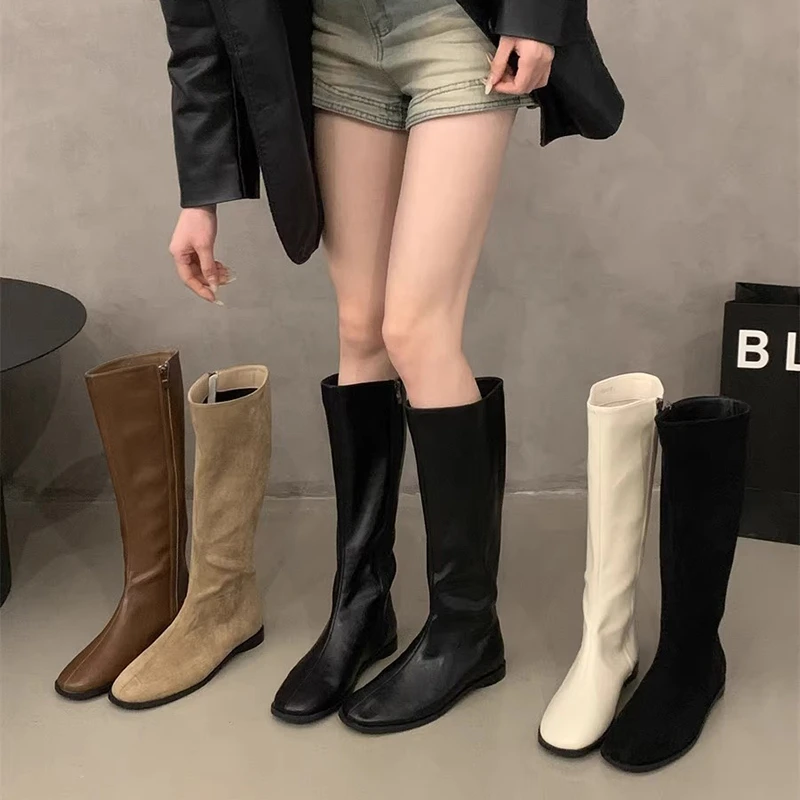 Cql2025秋冬新款复古平底靴长筒靴女简约百搭骑士靴长靴春秋单靴