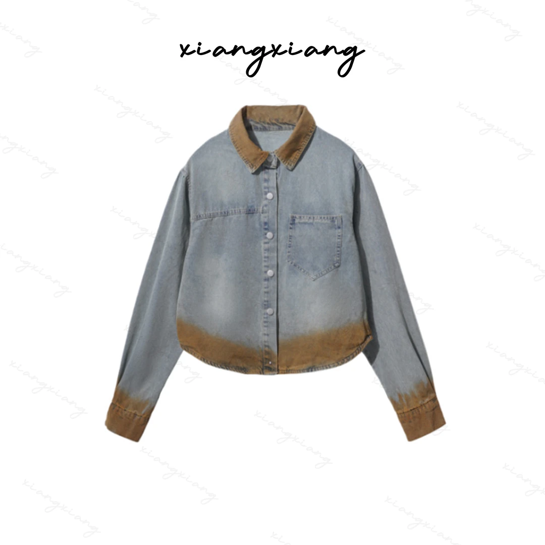 【香香专属】时尚渐变色牛仔衬衫女叠穿设计感显瘦长袖衬衣WY5362