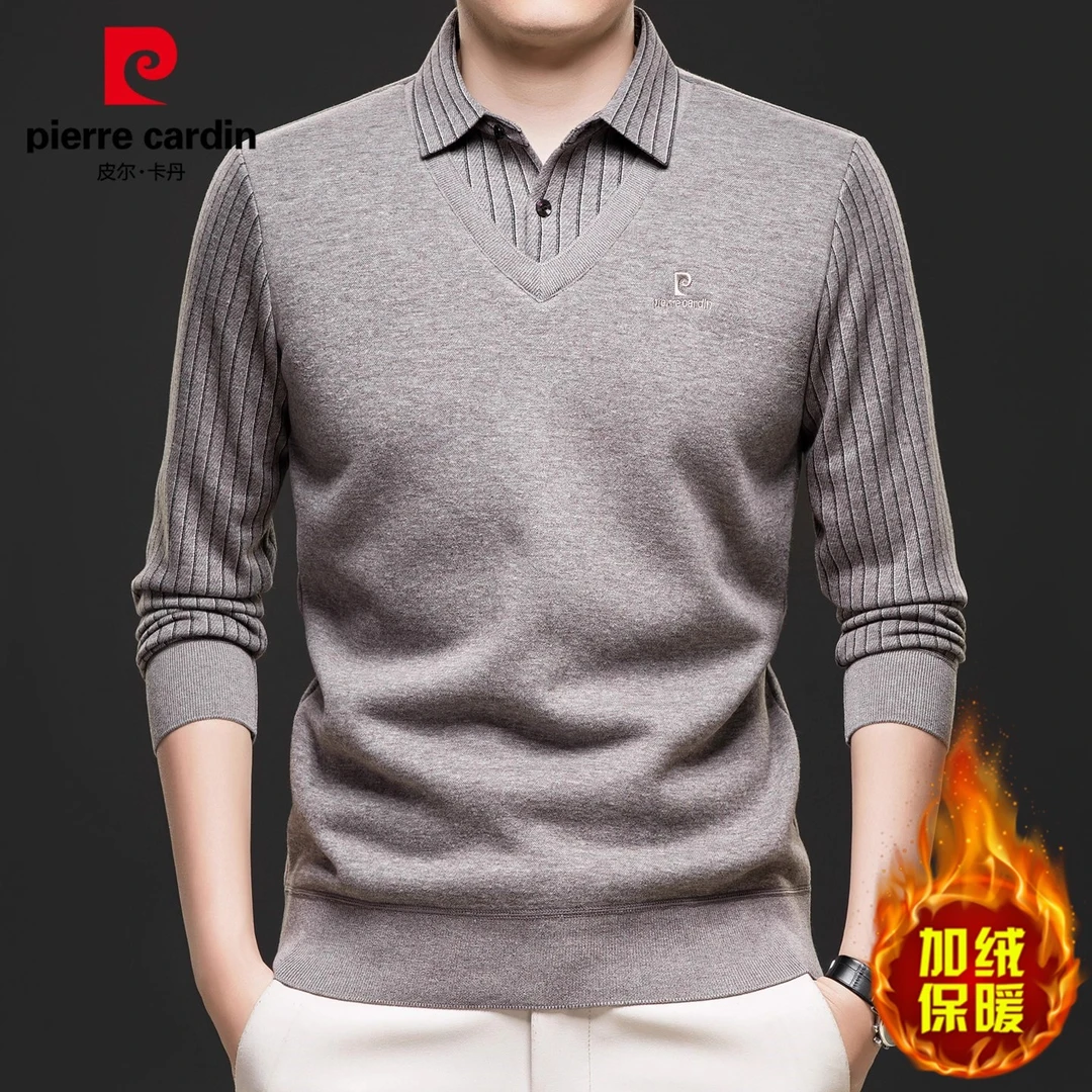 皮尔卡丹衬衫领毛衣男士冬季新款假两件加绒休闲打底针织衫男装