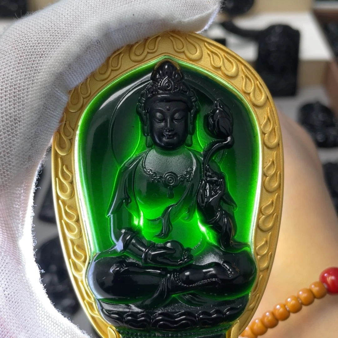 蛇纹石玉银S925镀金镶嵌吊坠
