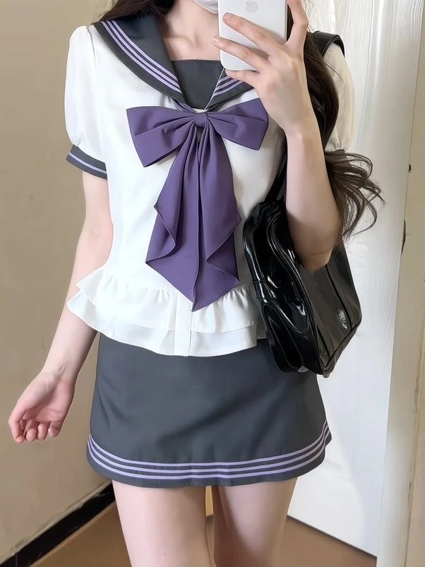 夏季JK制服套装学院风海军领收腰短袖蝴蝶结上衣热辣包臀裙两件套