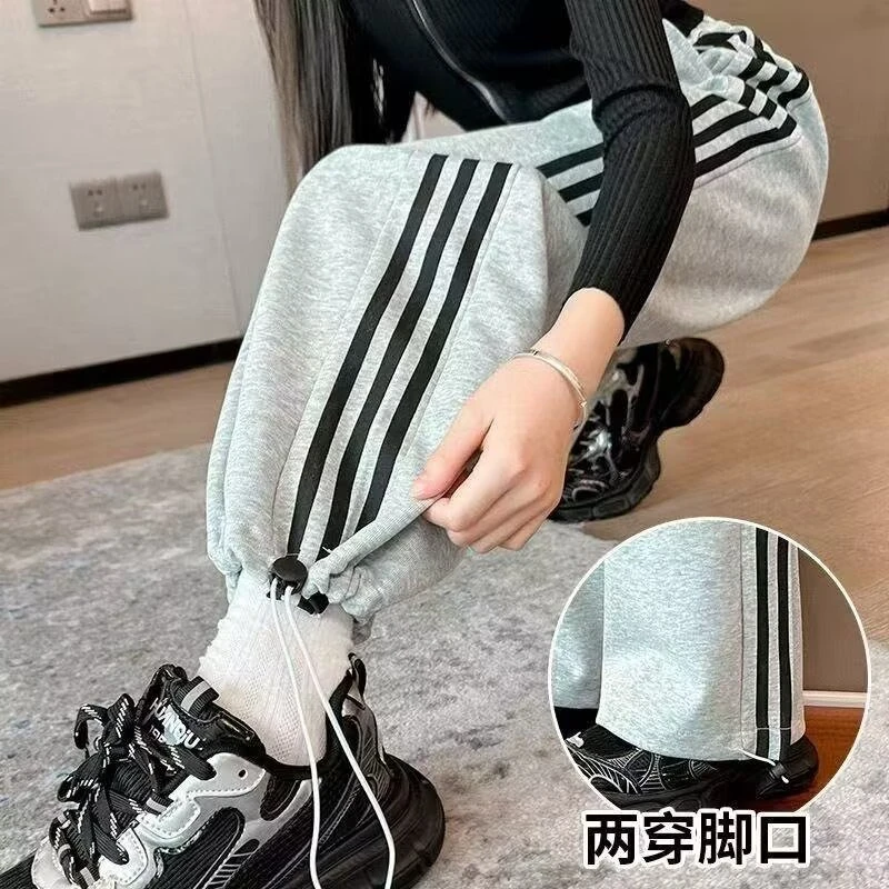 女童裤子春秋款运动裤初中生直筒裤秋装阔腿裤女大童条纹休闲卫裤