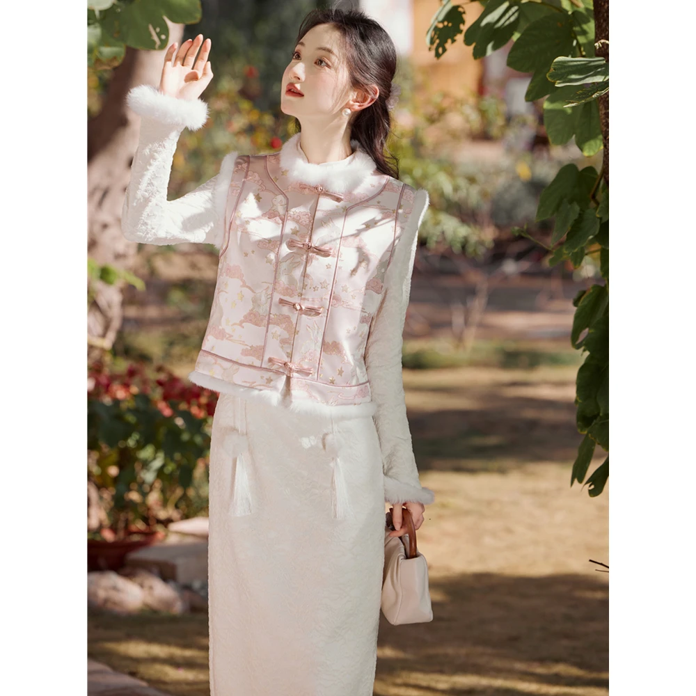 实拍现货新中式国风刺绣马甲+加绒蕾丝旗袍连衣裙两件套