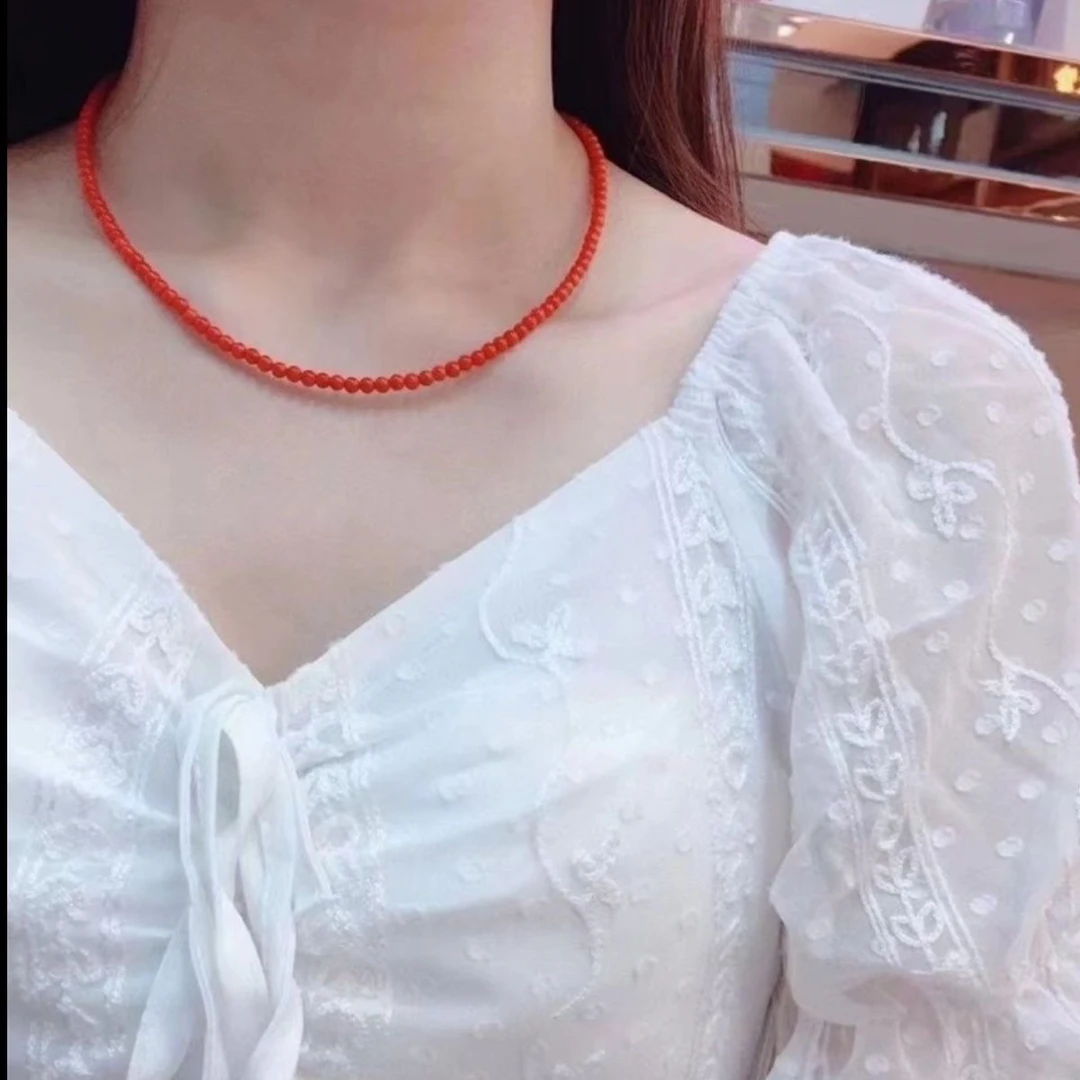 非金属珐琅项链 天然新款正品轻奢招财珊瑚圆珠项链锁骨链