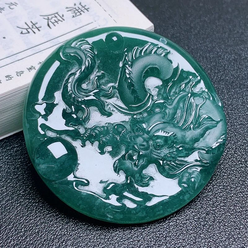 天然A货翡翠冰糯种蓝水雪花棉龙牌吊坠 多样性发货拍一发一