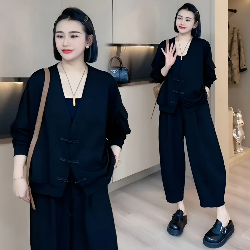 新中式国风休闲套装女2025年春秋季洋气减龄盘扣外套哈伦裤两件套