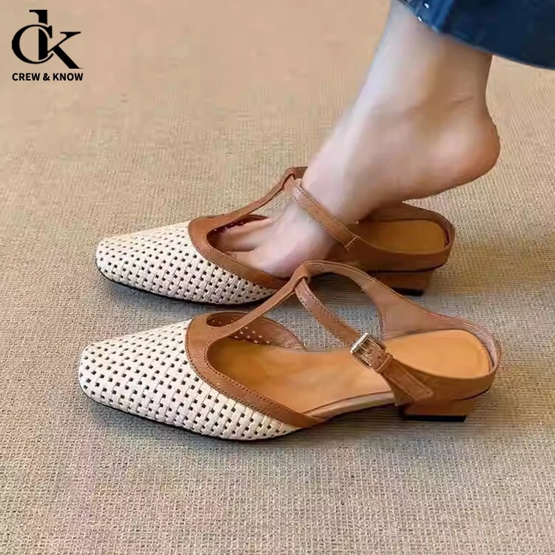 【官方正品】潮牌~复古软底方头拼色T型带编织镂空凉拖鞋女通