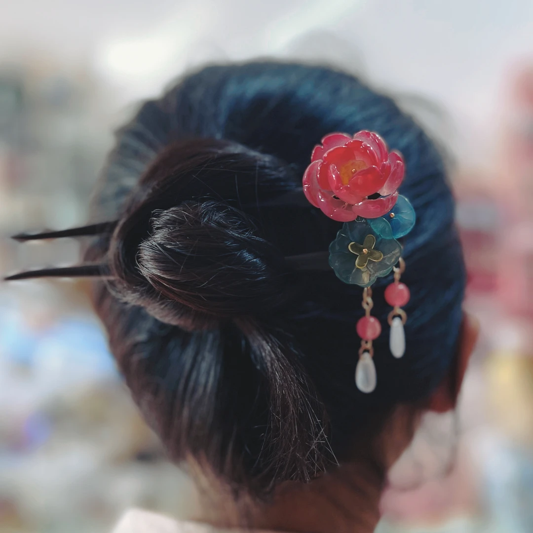 T055紫光檀木簪原创发饰荷花日常盘发头饰流苏配饰古风旗袍配饰