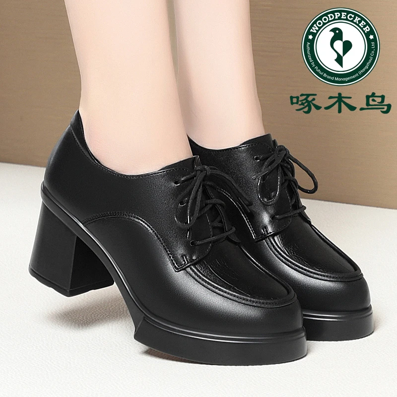 啄木鸟新款舒适软皮厚底女鞋百搭英伦风高跟系带深口单鞋工作鞋女