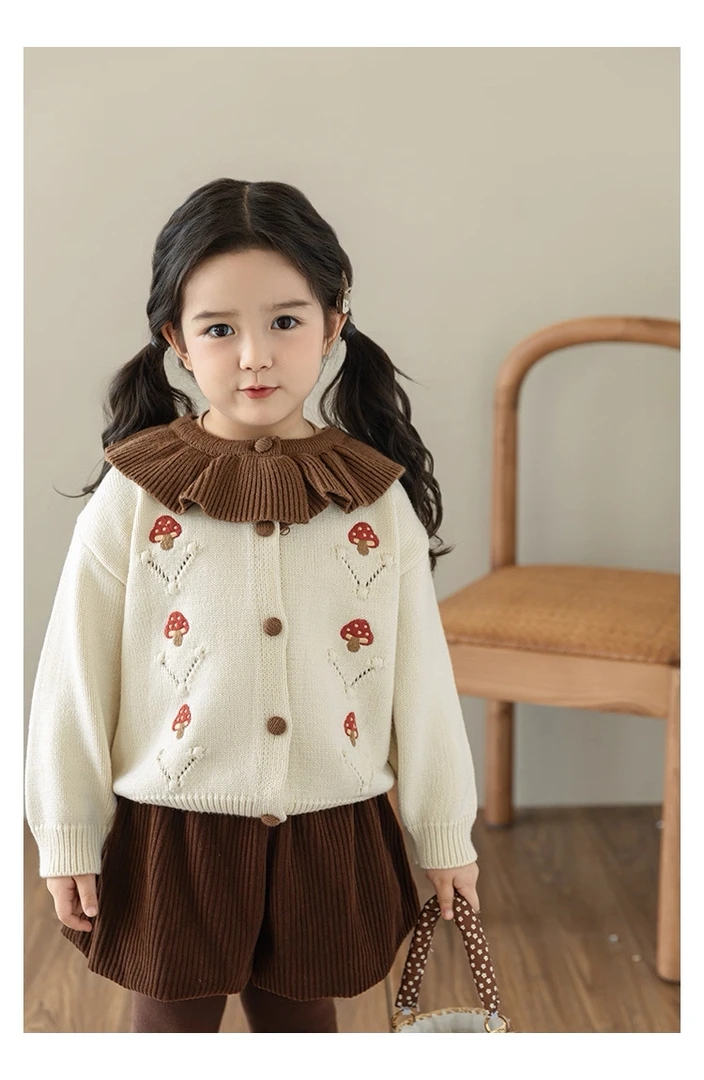 编码A1-A4女圆领长袖荷叶领常规款森系毛衣春秋外穿女孩童装