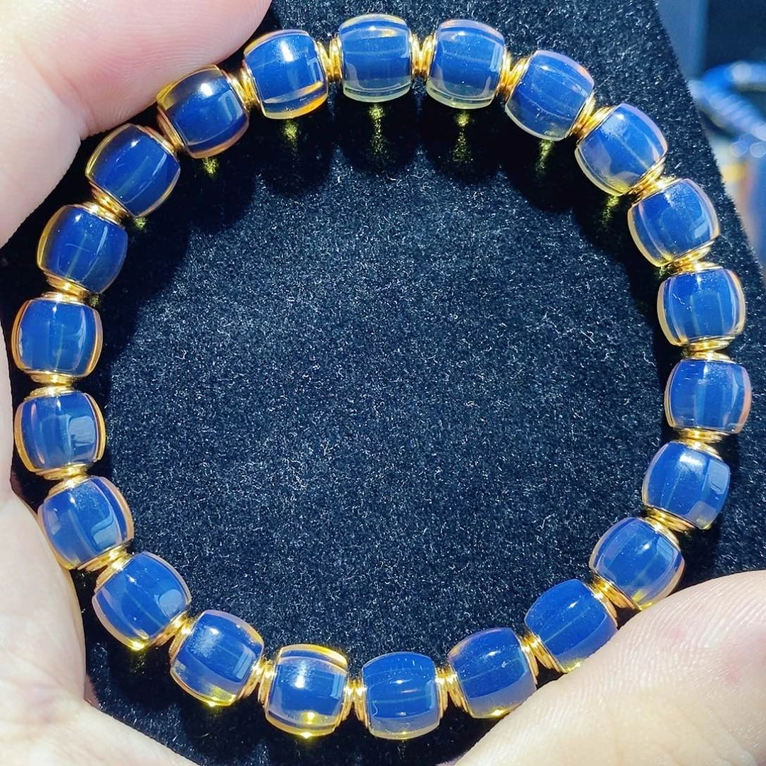 蓝珀银S925镀金镶嵌珠宝奇石8MM墨西哥文玩手串