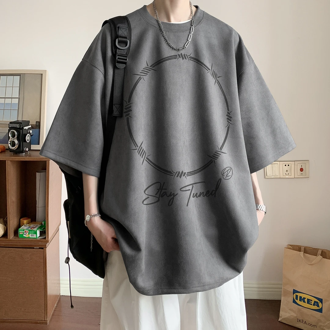 烧花夏季短袖T恤男2025新款潮牌美式圆领体恤情侣宽松ins百搭半袖