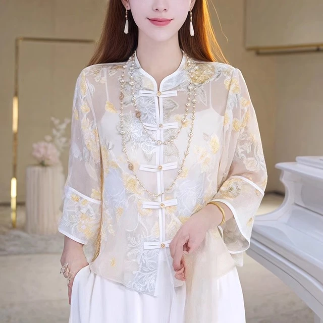 新中式国风防晒开衫外搭女薄款空调衫薄纱外穿衬衫唐装盘扣上衣夏