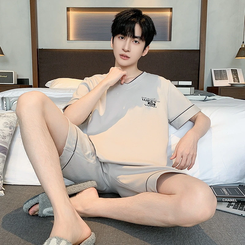 男士棉睡衣夏季短袖短裤睡衣套装宽松大码夏天可外穿家居服