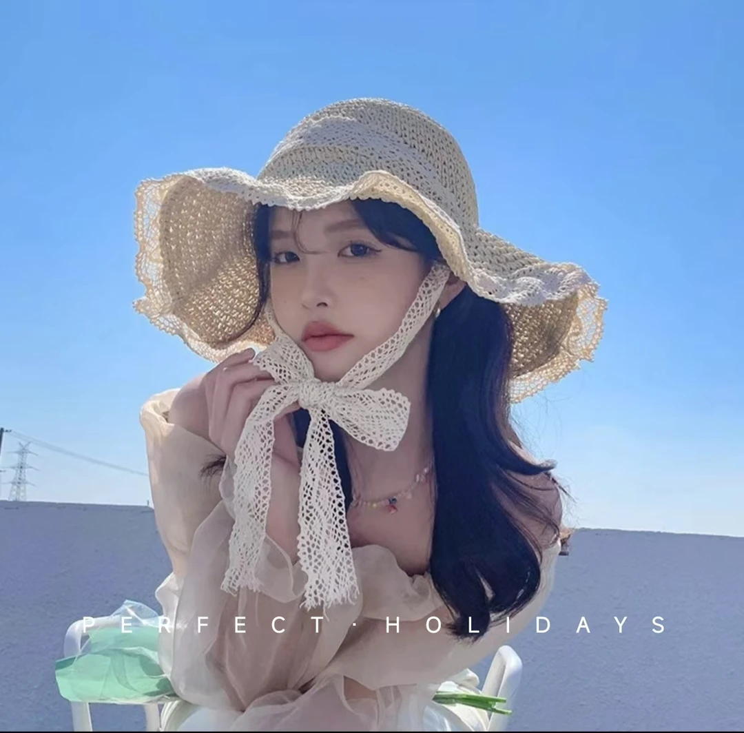 2025遮阳帽夏天女帽子镂空遮阳沙滩帽新款韩版大帽檐太阳帽蕾丝