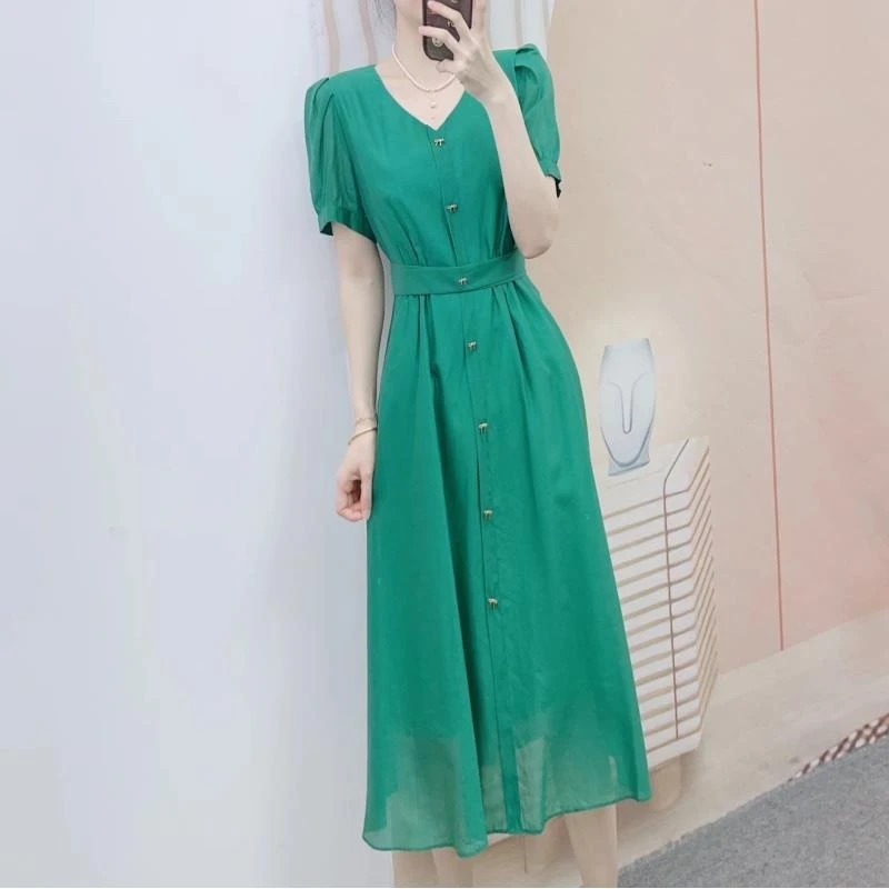 175/C3清仓夏季汉派时尚气质V领收腰显瘦短袖连衣裙