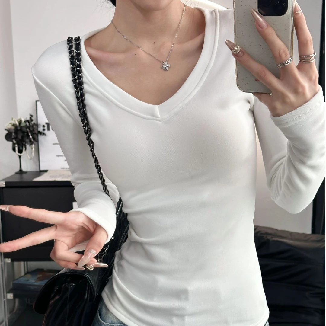 【加绒加厚】V领正肩长袖T恤女秋冬新款内搭打底衫辣妹紧身显瘦上衣