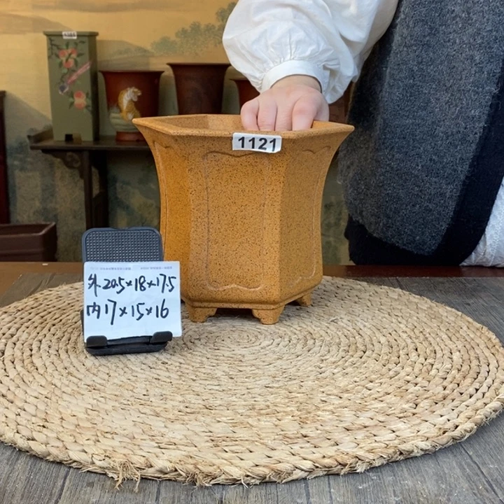 紫砂花盆  柴烧内奎束腰六方1121