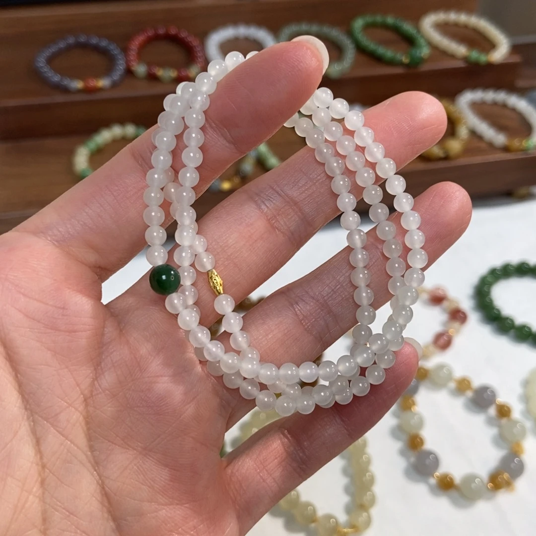 和田玉银S925镶嵌手链福利4mm晴白三圈