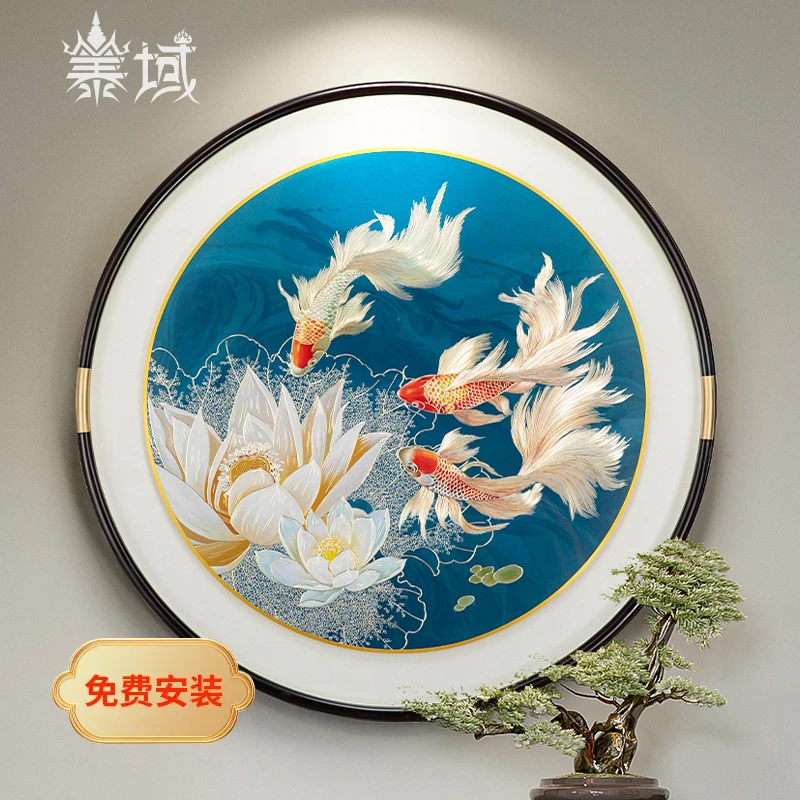 泰域《荷花锦鲤图》铜雕画 圆形装饰画 书房餐厅背景墙挂画B2-581