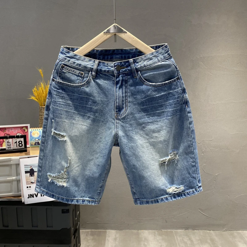 潮牌美式高街破洞牛仔短裤男生夏季薄款宽松直筒五分裤休闲中裤子