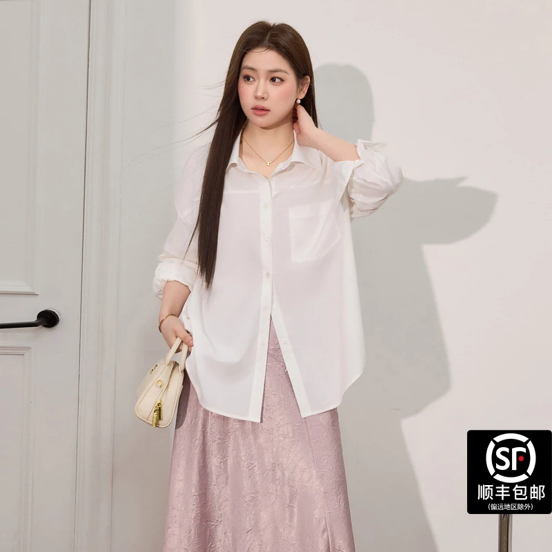 蓝语大码女装胖mm时尚随性通勤宽松衬衫秋冬polo领白色外套上衣