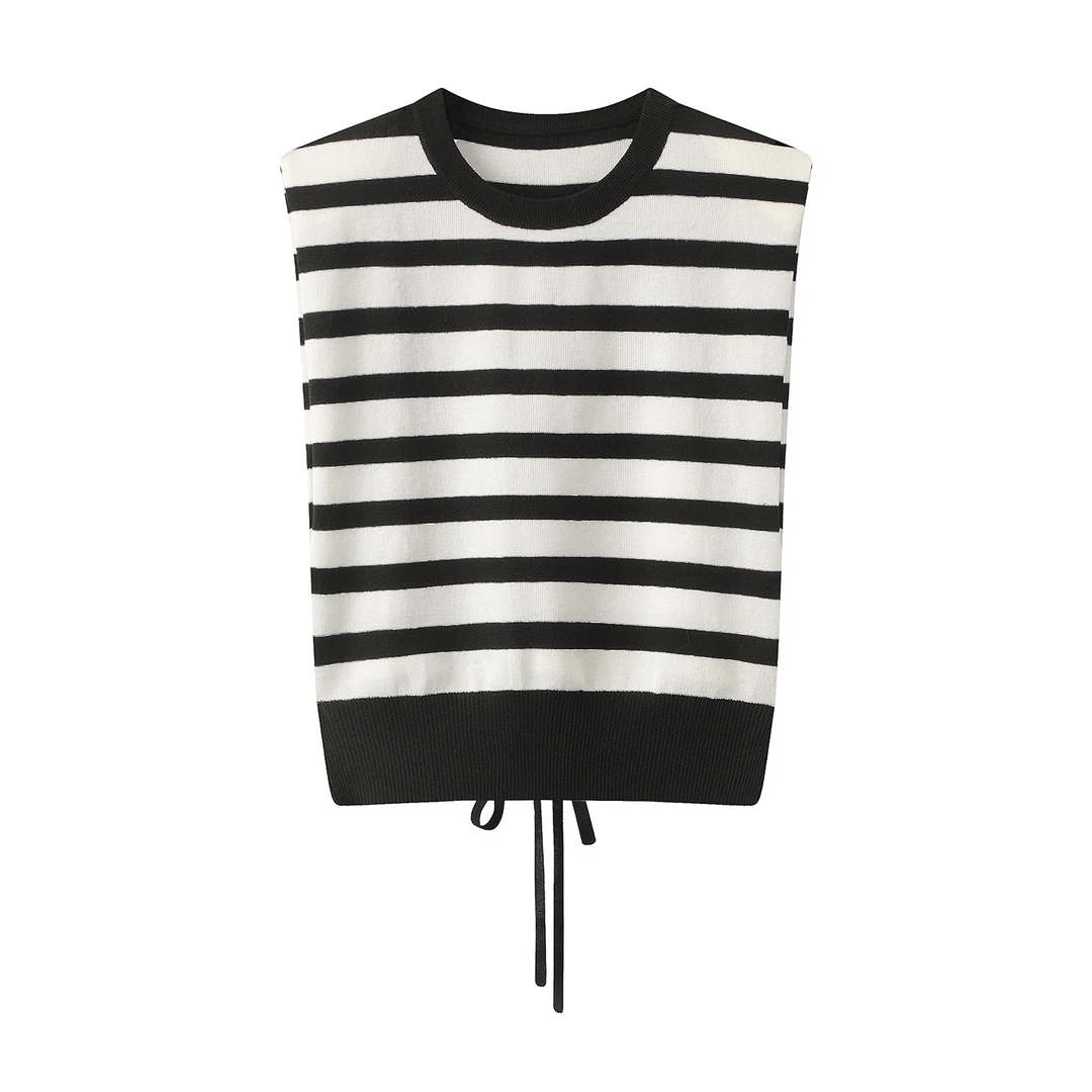 迪家2025夏季新款百搭条纹无袖背心上衣女高级感针织衫-3111