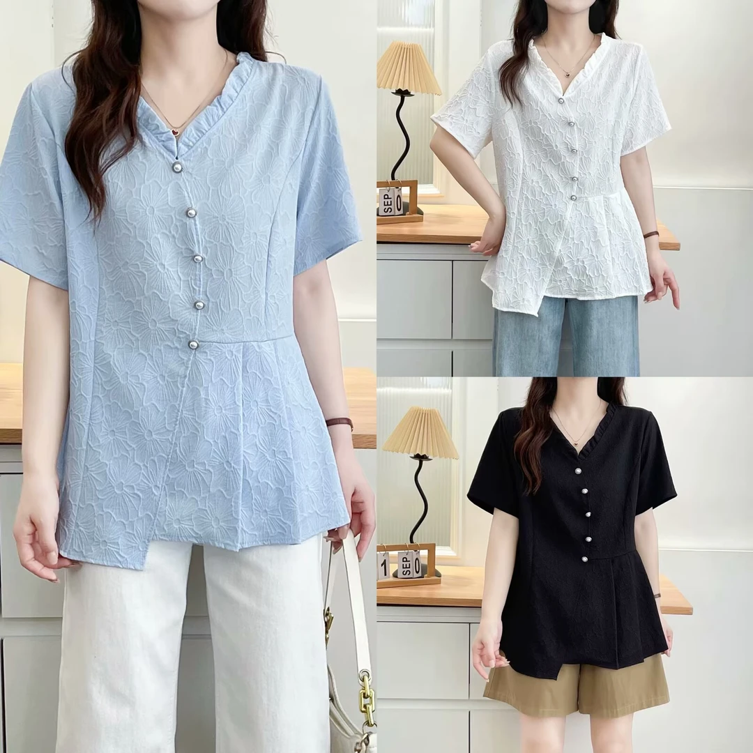 大码夏季新款时尚气质百搭花边显瘦衬衫2532
