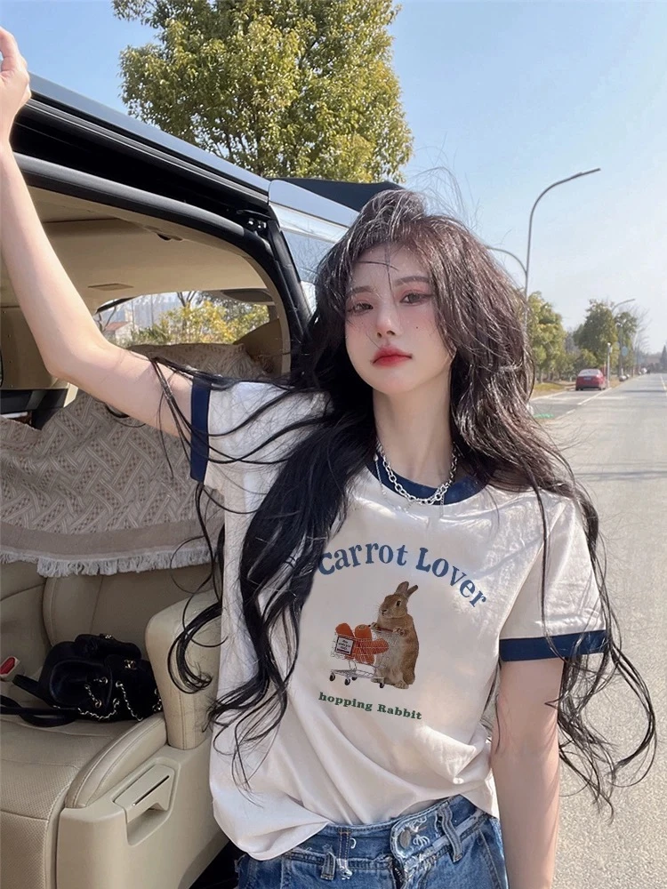 92棉色领短袖T恤女2025夏季新款洋气减龄打底衫撞色显瘦内搭上衣