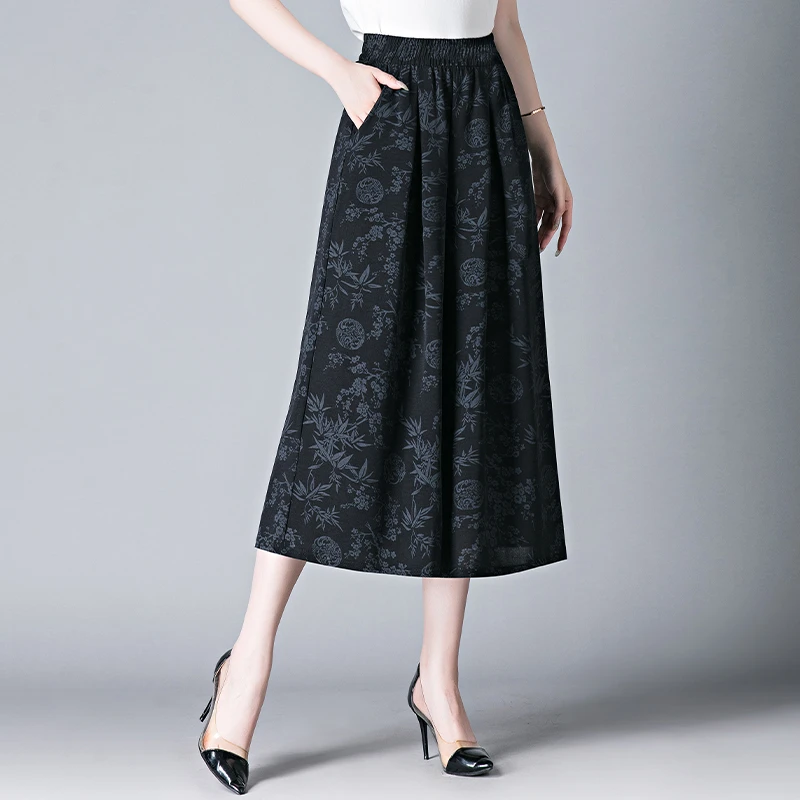 （断码清货）黑色国风裙裤女2025夏季新款冰丝休闲裤宽松垂感裤子