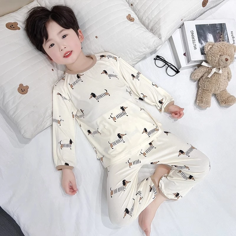 男童睡衣春秋2025新款莫代尔长袖宝宝空调服夏季男孩儿童家居服薄