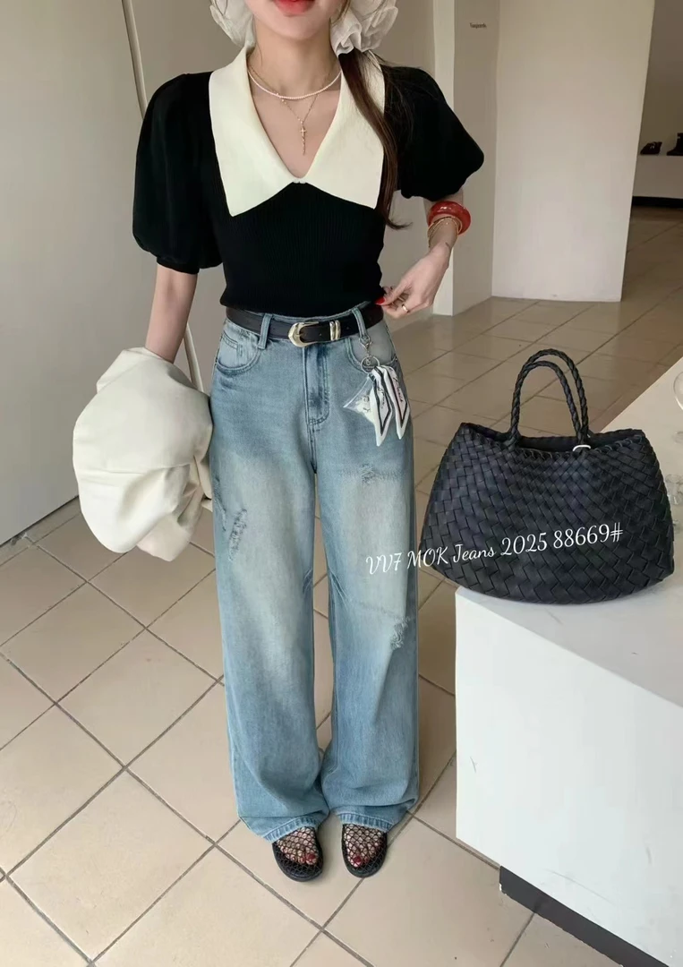 88669水洗破洞牛仔裤高腰直筒阔腿拖地裤春季休闲长裤